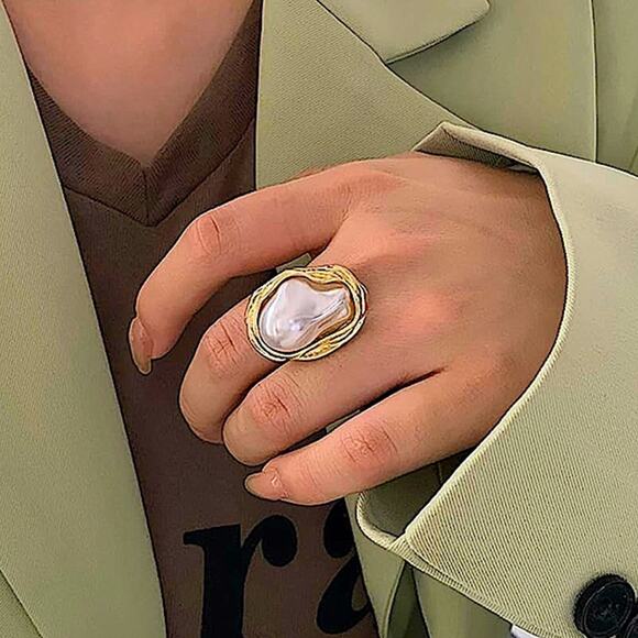 Irregular Pearl Rings Gold Baroque Statement Ring Adjustable Chunky Wedding - Picture 6 of 13